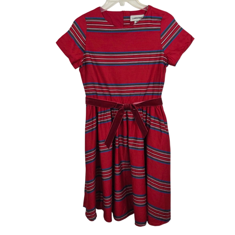 NWT Lands' End Girls Striped Holiday Event Dress Red Velvet Belt Size 14